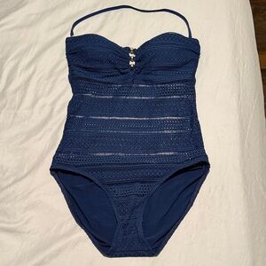 Ralph Lauren Navy Crochet Halter One-Piece Swimsuit